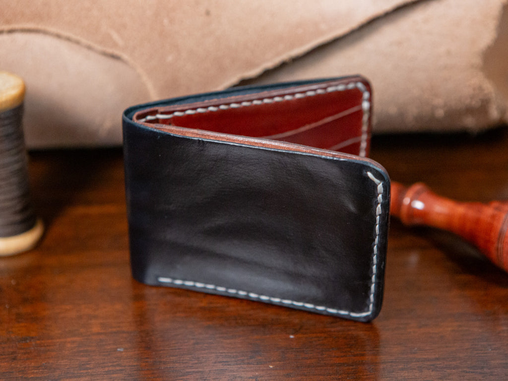 Black/Mahogany Hand Stitched Veg Tan Leather Bi fold Wallet