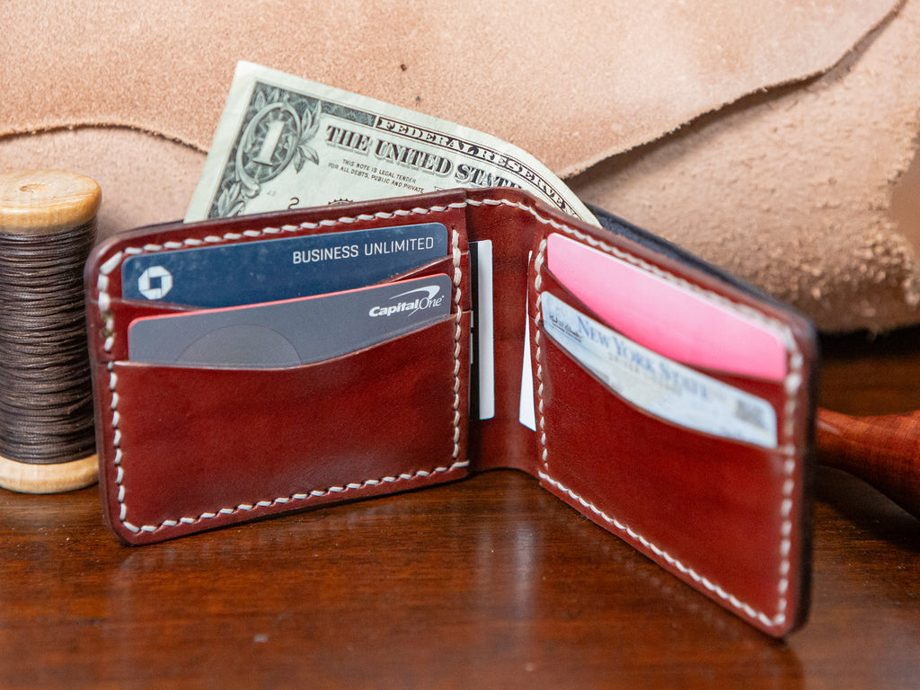 Black/Mahogany Hand Stitched Veg Tan Leather Bi fold Wallet