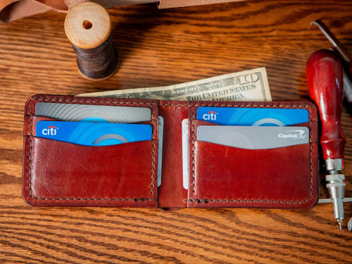 Basket Weave Mahogany/Black Hand Tooled Veg Tan Leather Bi fold Wallet with Oak Leaves