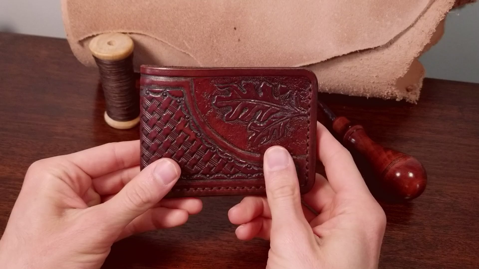 Basket Weave Mahogany/Black Hand Tooled Veg Tan Leather Bi fold Wallet with Oak Leaves