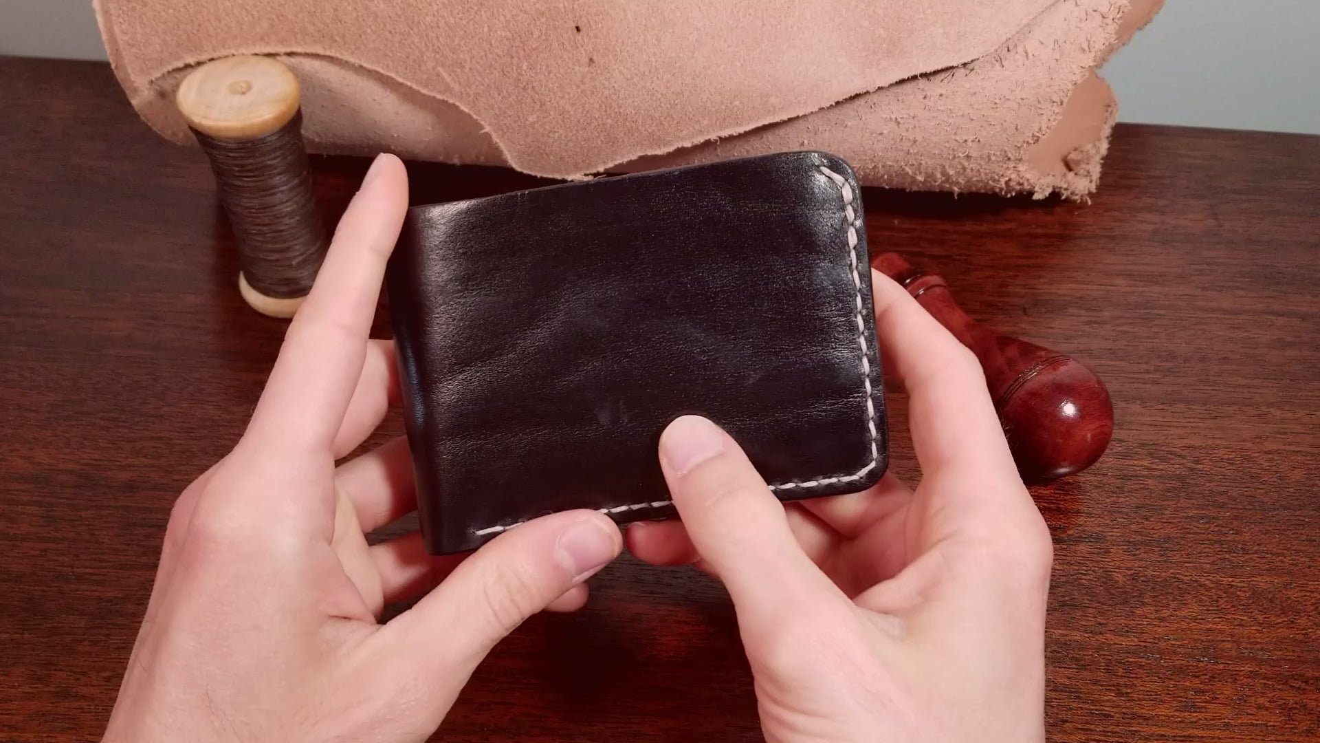 Black/Mahogany Hand Stitched Veg Tan Leather Bi fold Wallet